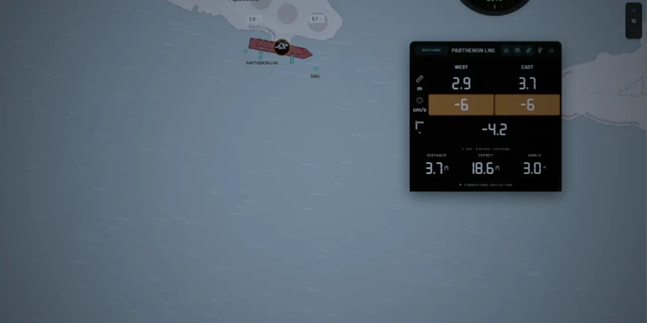 The Navitrak berthing panel during a live approach: bow and stern closing speeds, transverse velocity chips, and distance, offset and approach angle counting down to the fender line as the tanker comes alongside.